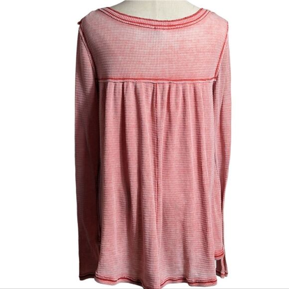 Free People Red Distressed Waffle Knit Babydoll Top - Picture 3 of 7